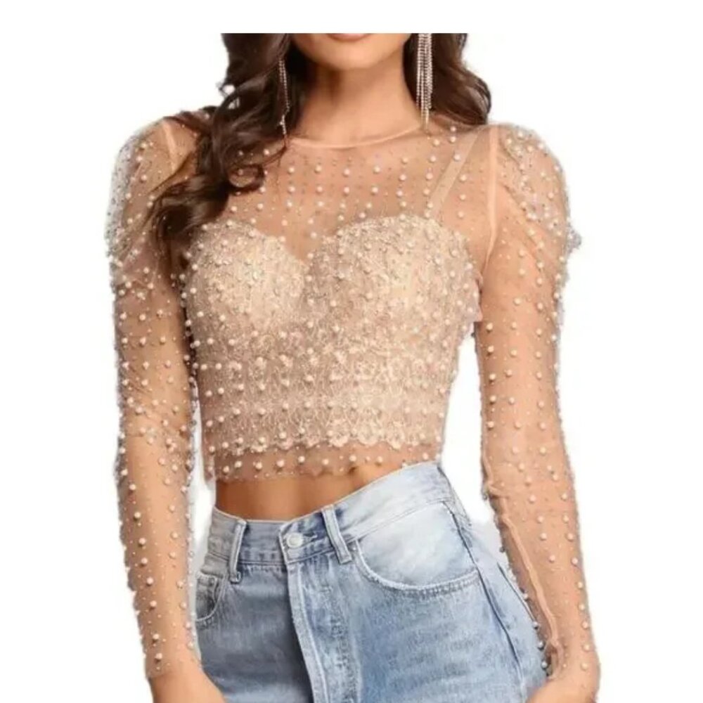 Womens Pearl Sheer Mesh Beaded Mesh Crop Top Long Sleeve NWT Size Medium